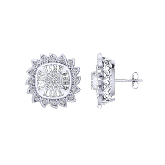 Sterling Silver Round Baguette Diamond Flower Designer Stud Earring RP+GP 3/8 Cttw