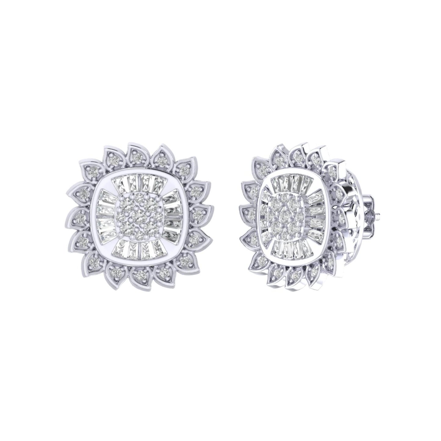 Sterling Silver Round Baguette Diamond Flower Designer Stud Earring RP+GP 3/8 Cttw