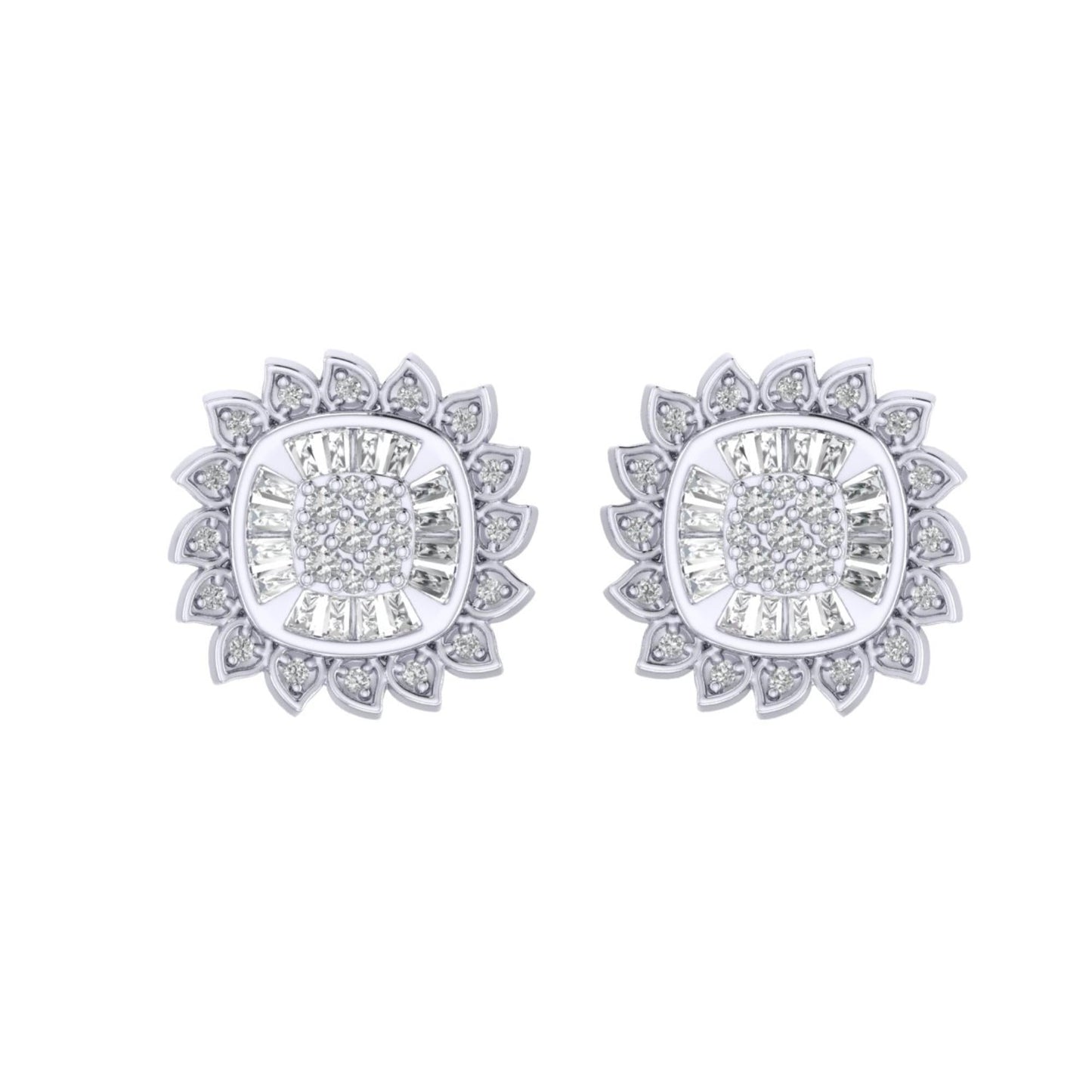 Sterling Silver Round Baguette Diamond Flower Designer Stud Earring RP+GP 3/8 Cttw