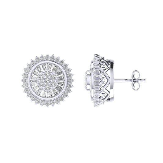 Sterling Silver Round Baguette Diamond Flower Designer Stud Earring RP 1/2 Cttw
