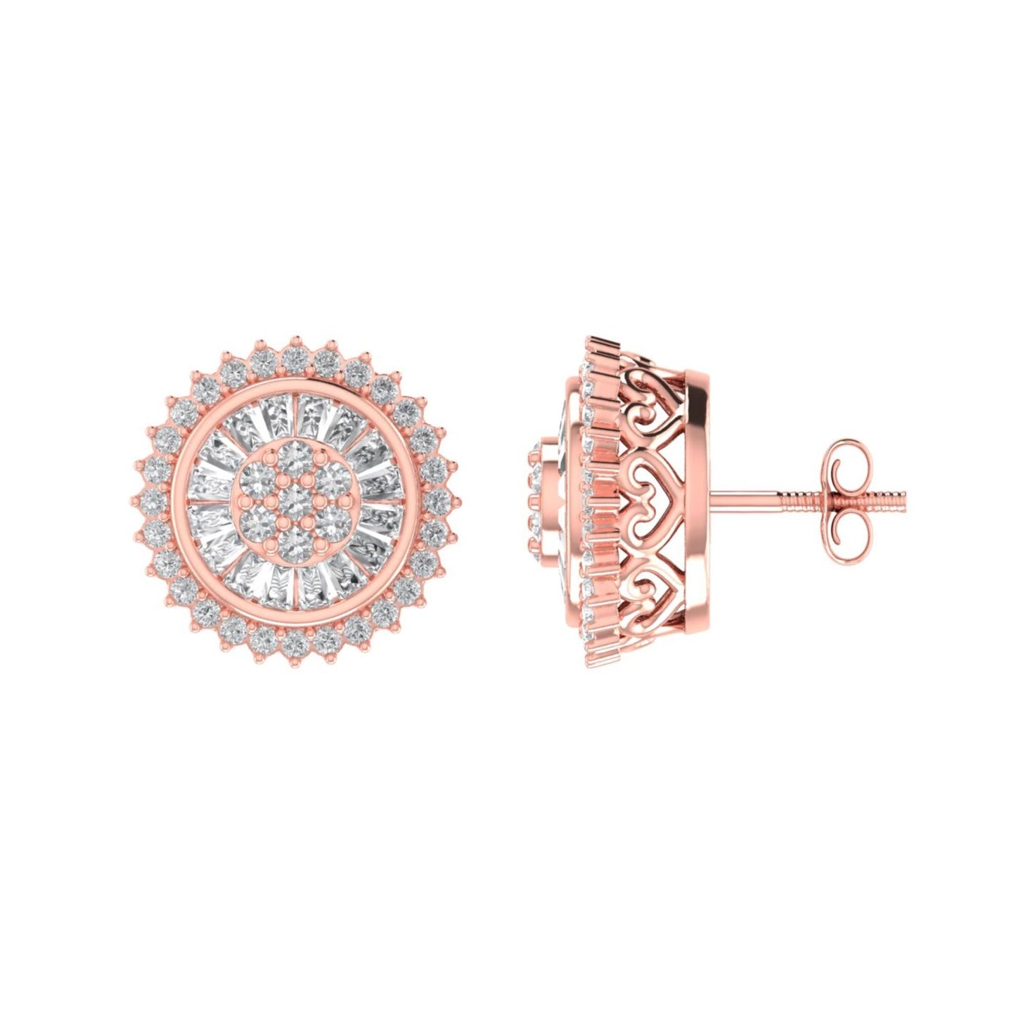 Sterling Silver Round Baguette Diamond Flower Designer Stud Earring RP+PP 1/2 Cttw