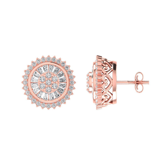 Sterling Silver Round Baguette Diamond Flower Designer Stud Earring RP+PP 1/2 Cttw