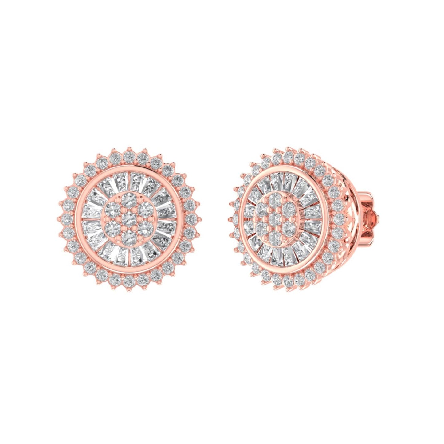 Sterling Silver Round Baguette Diamond Flower Designer Stud Earring RP+PP 1/2 Cttw