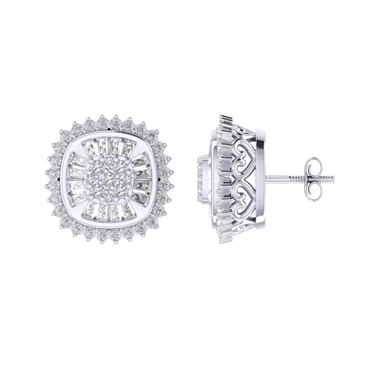 Sterling Silver Round Baguette Diamond Square Shape Designer Stud Earring RP 1/2 Cttw