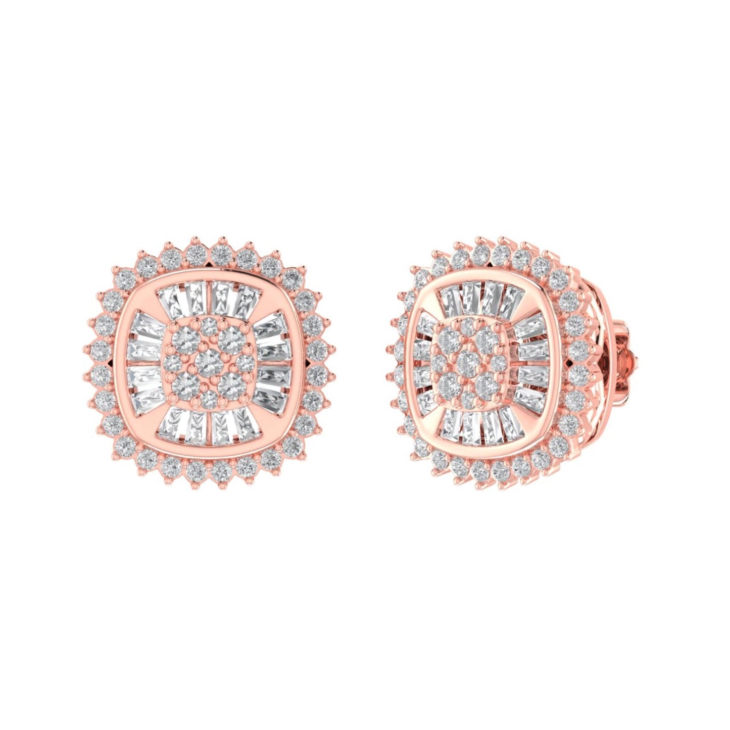 Sterling Silver Round Baguette Diamond Square Shape Designer Stud Earring RP+PP 1/2 Cttw