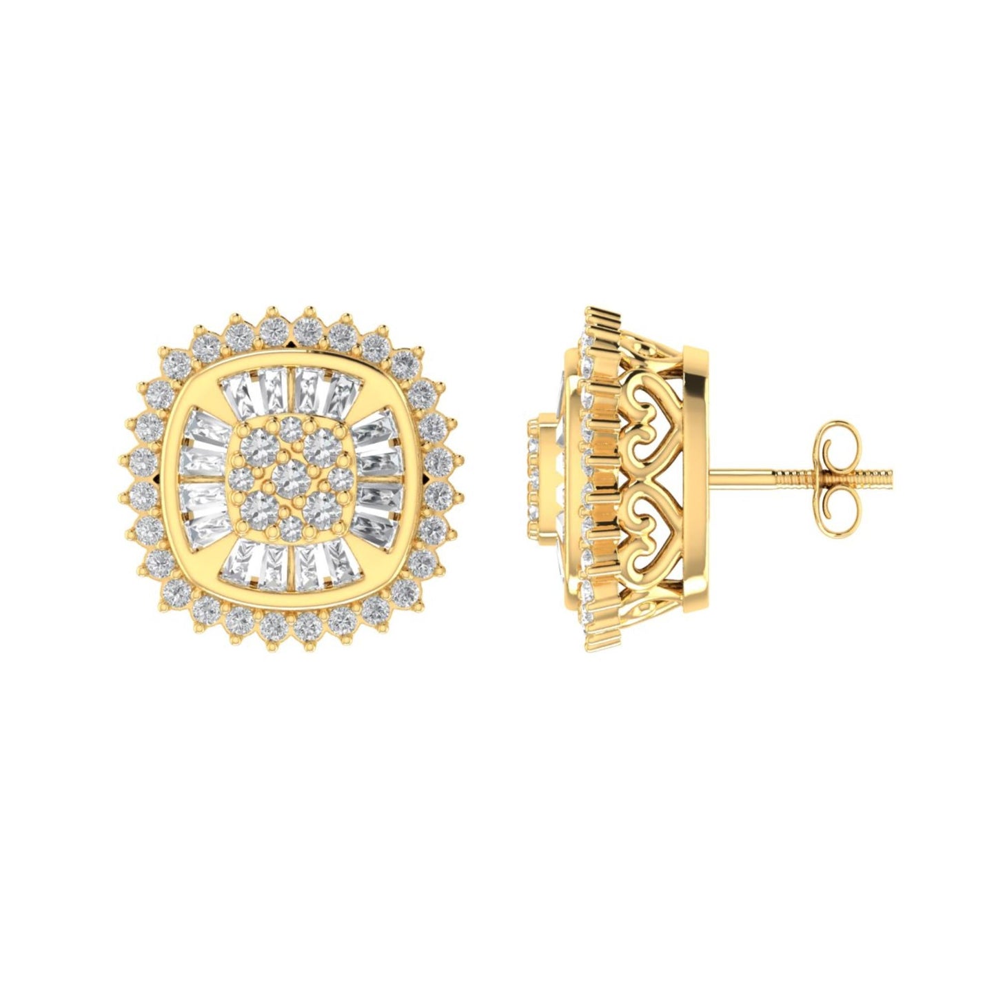 Sterling Silver Round Baguette Diamond Square Shape Designer Stud Earring RP+GP 1/2 Cttw