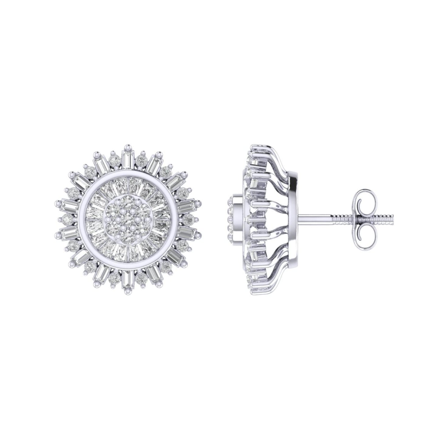 Sterling Silver Round Baguette Diamond Round Flower Designer Stud Earring RP 3/8 Cttw