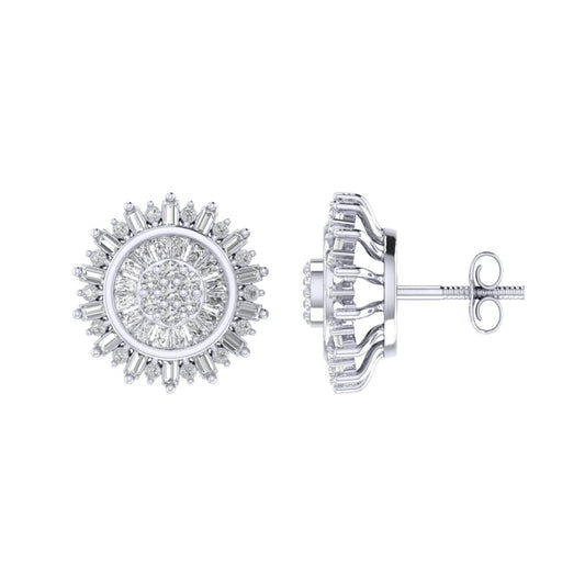 Sterling Silver Round Baguette Diamond Round Flower Designer Stud Earring RP 3/8 Cttw