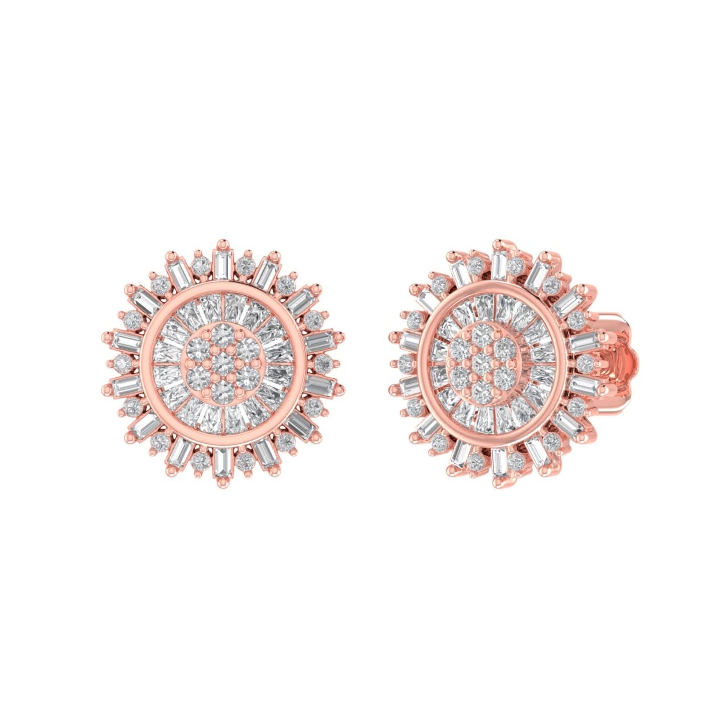Sterling Silver Round Baguette Diamond Round Flower Designer Stud Earring RP+PP 3/8 Cttw