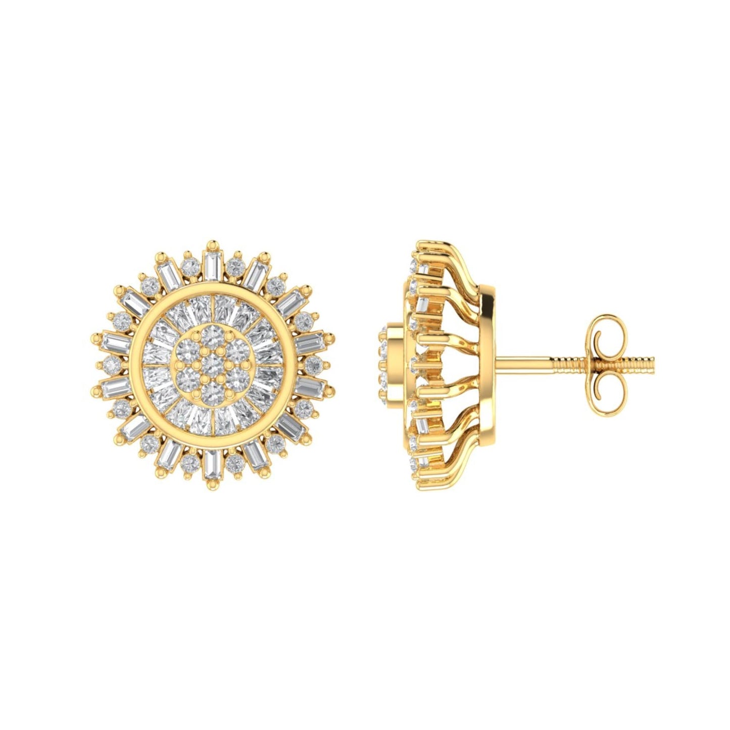 Sterling Silver Round Baguette Diamond Round Flower Designer Stud Earring RP+GP 1/2 Cttw