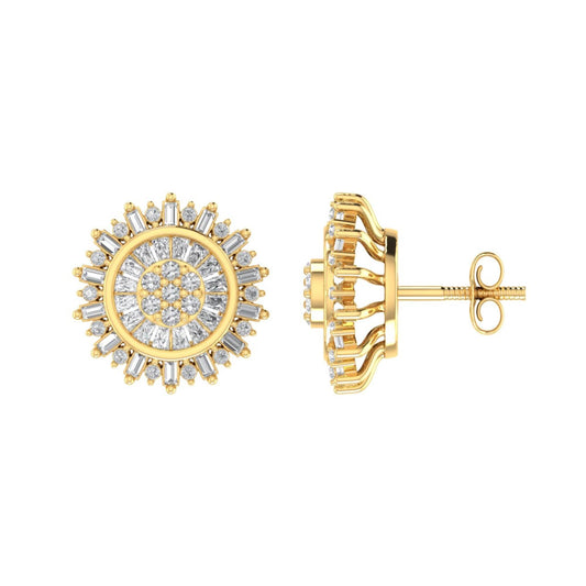 Sterling Silver Round Baguette Diamond Round Flower Designer Stud Earring RP+GP 1/2 Cttw