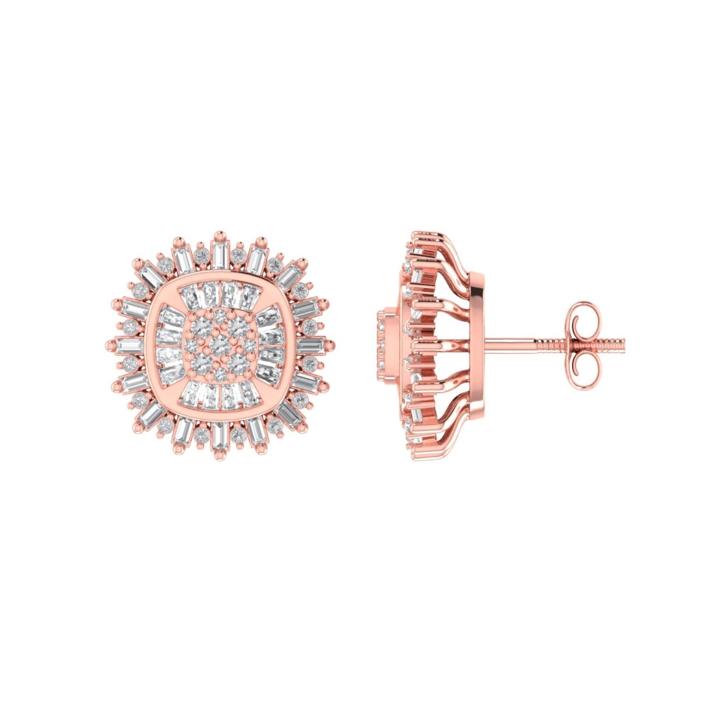 Sterling Silver Round Baguette Diamond Square Shape Designer Stud Earring RP+PP 1/2 Cttw