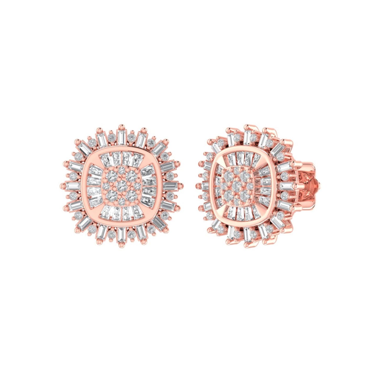 Sterling Silver Round Baguette Diamond Square Shape Designer Stud Earring RP+PP 1/2 Cttw