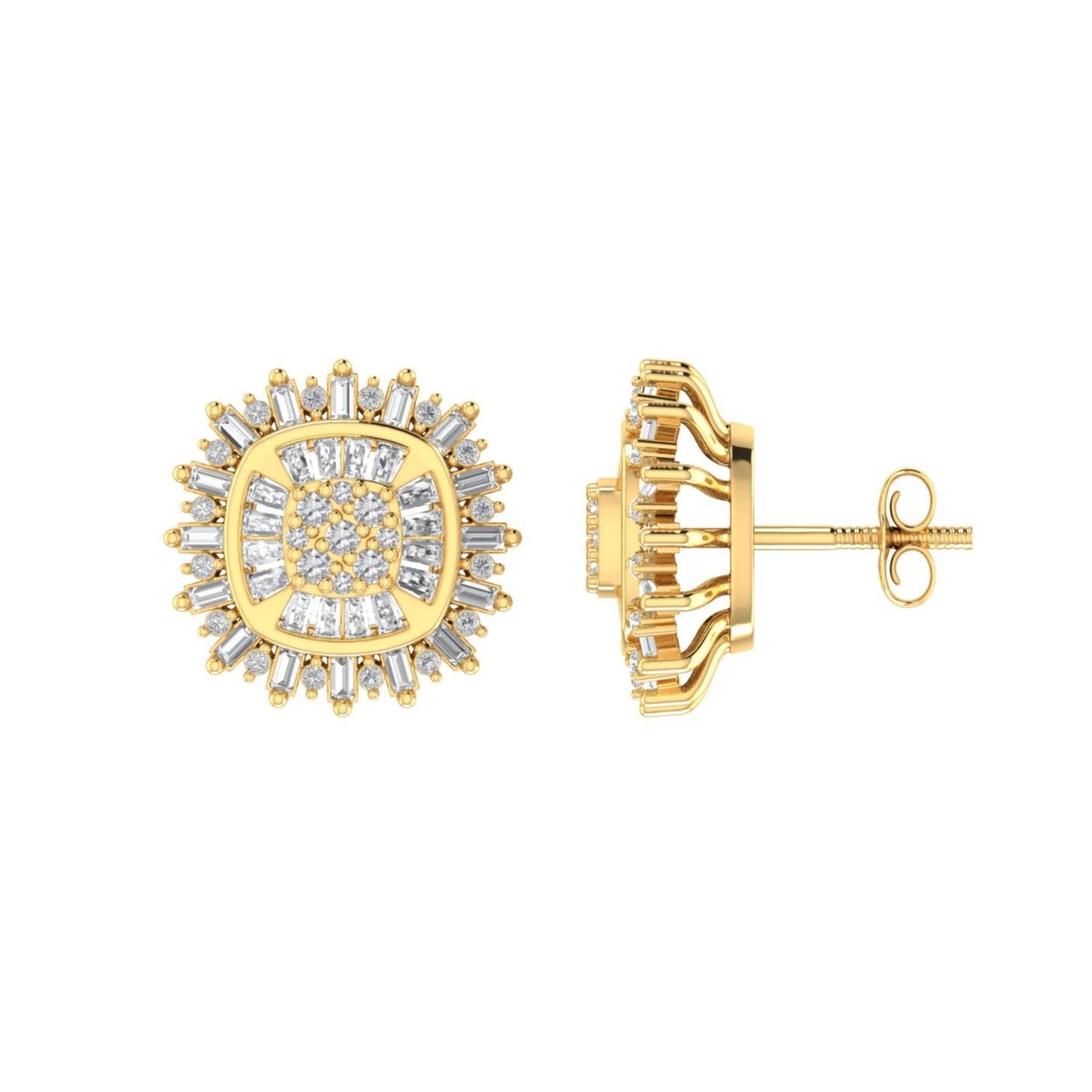 Sterling Silver Round Baguette Diamond Square Shape Designer Stud Earring RP+GP 1/2 Cttw