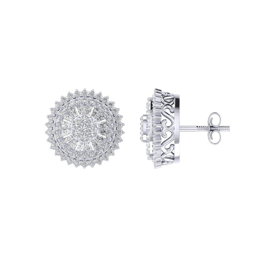 Sterling Silver Round Baguette Diamond Round Flower Designer Stud Earring RP 5/8 Cttw
