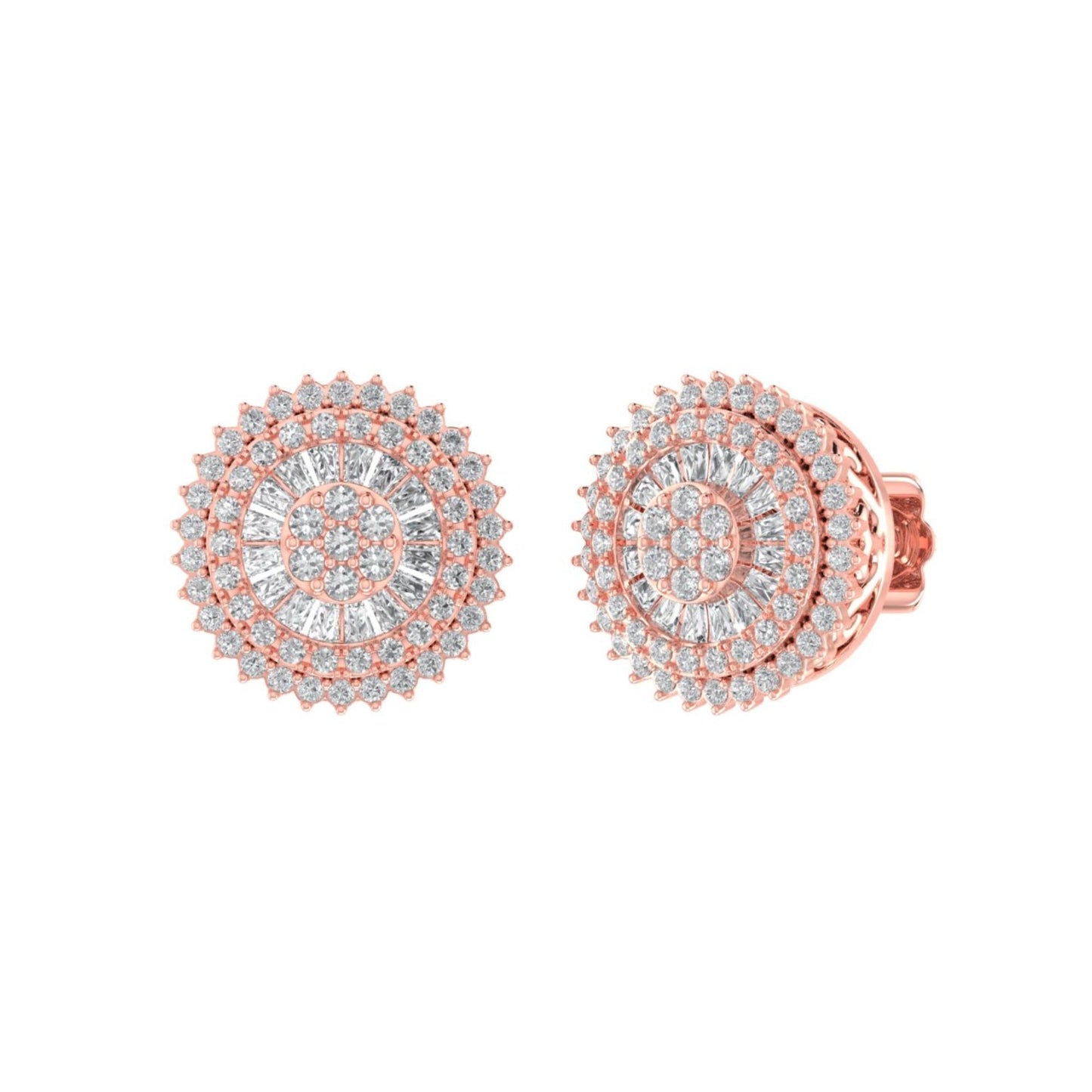 Sterling Silver Round Baguette Diamond Round Flower Designer Stud Earring RP+PP 3/4 Cttw