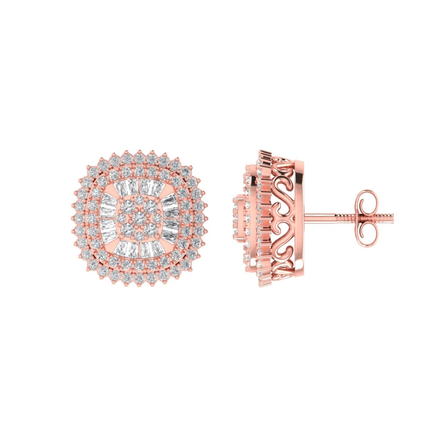 Sterling Silver Round Baguette Diamond Square Shape Designer Stud Earring RP+PP 3/4 Cttw