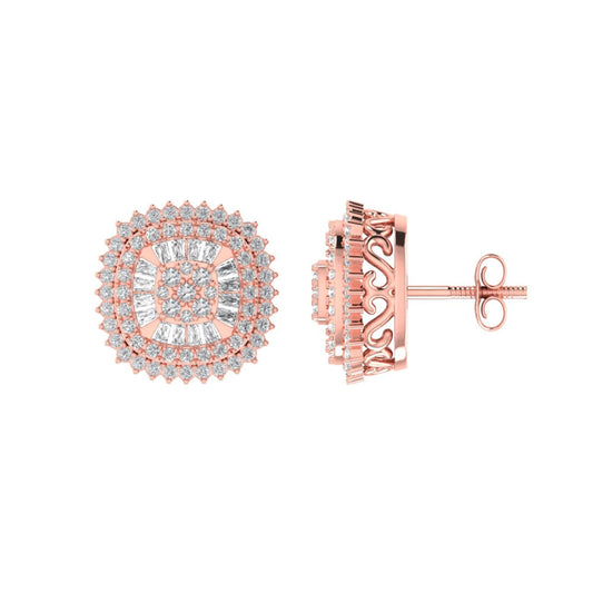 Sterling Silver Round Baguette Diamond Square Shape Designer Stud Earring RP+PP 3/4 Cttw