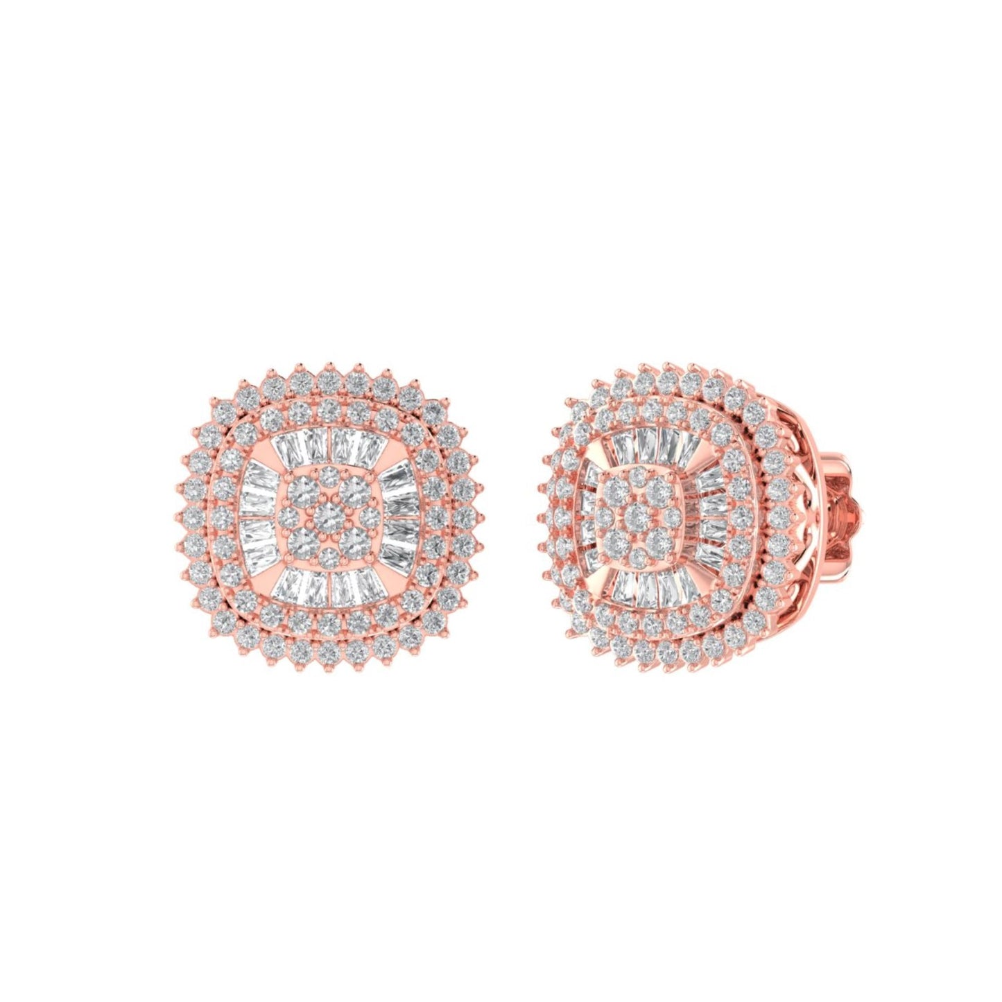 Sterling Silver Round Baguette Diamond Square Shape Designer Stud Earring RP+PP 3/4 Cttw