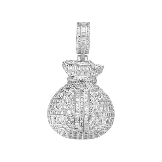 Sterling Silver Round Baguette Moissanite Dollar Bag Designer Pendant RP 7-1/3 Cttw