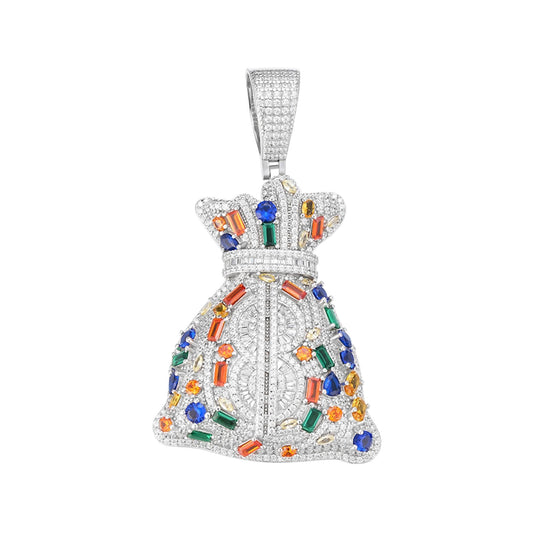 Sterling Silver Round Moissanite with Fancy Multicolor CZ Dollar Bag Designer Pendant RP 4-1/3 Cttw