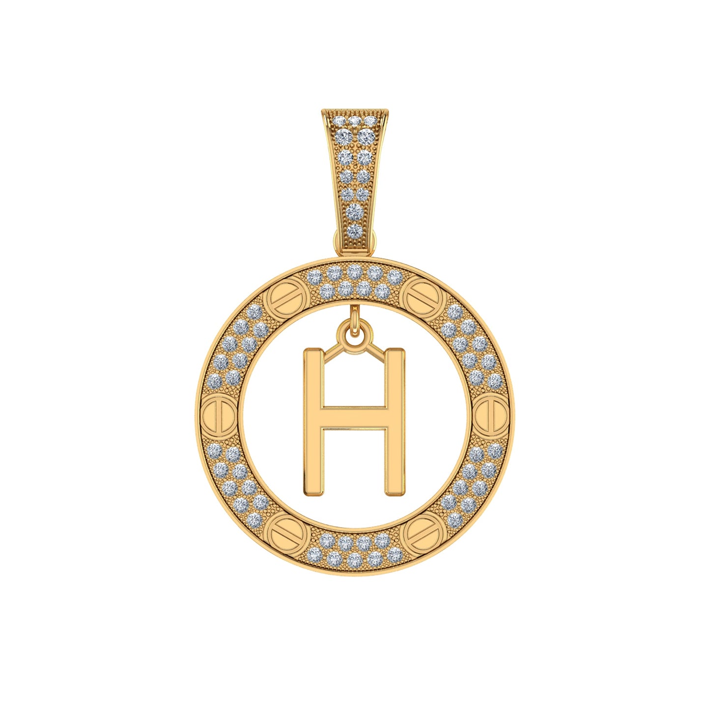 10K Yellow Gold Round Diamond H Letter Initial Pendant 1/5 Cttw