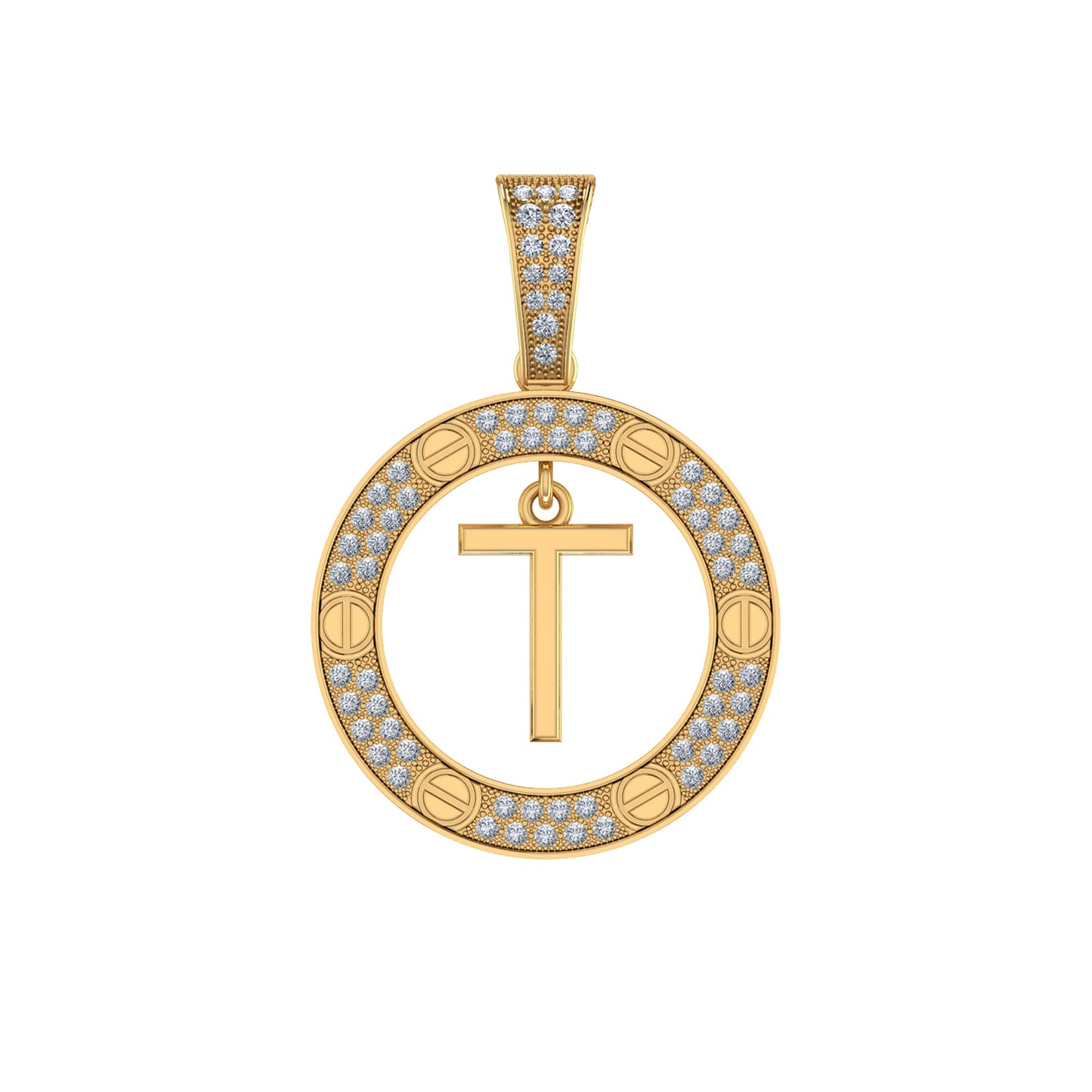 10K Yellow Gold Round Diamond T Letter Initial Pendant 1/5 Cttw