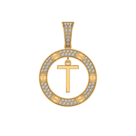 10K Yellow Gold Round Diamond T Letter Initial Pendant 1/5 Cttw