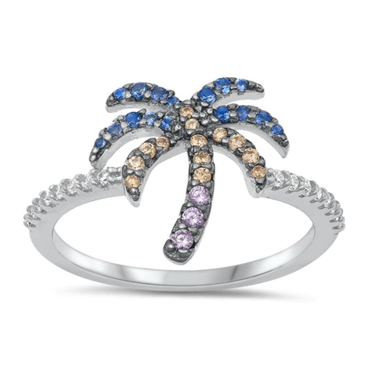 Sterling Silver Palm Tree Multicolor CZ Ring