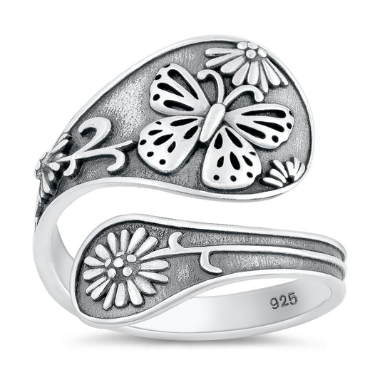 Sterling Silver Butterfly Flower Spoon Ring