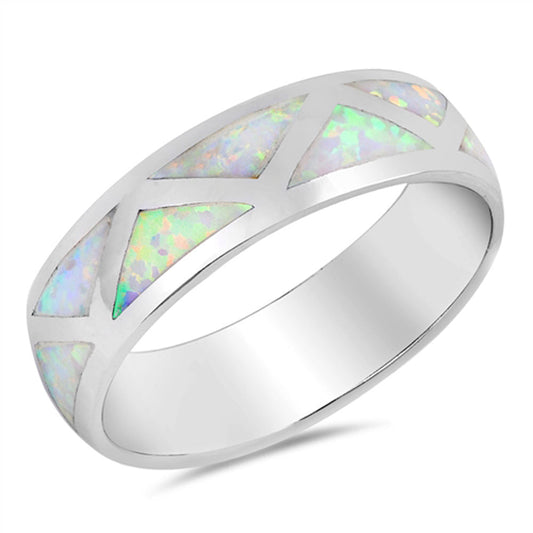 White Lab Opal Triangle Grid Wedding Ring .925 Sterling Silver Band Sizes 4-10