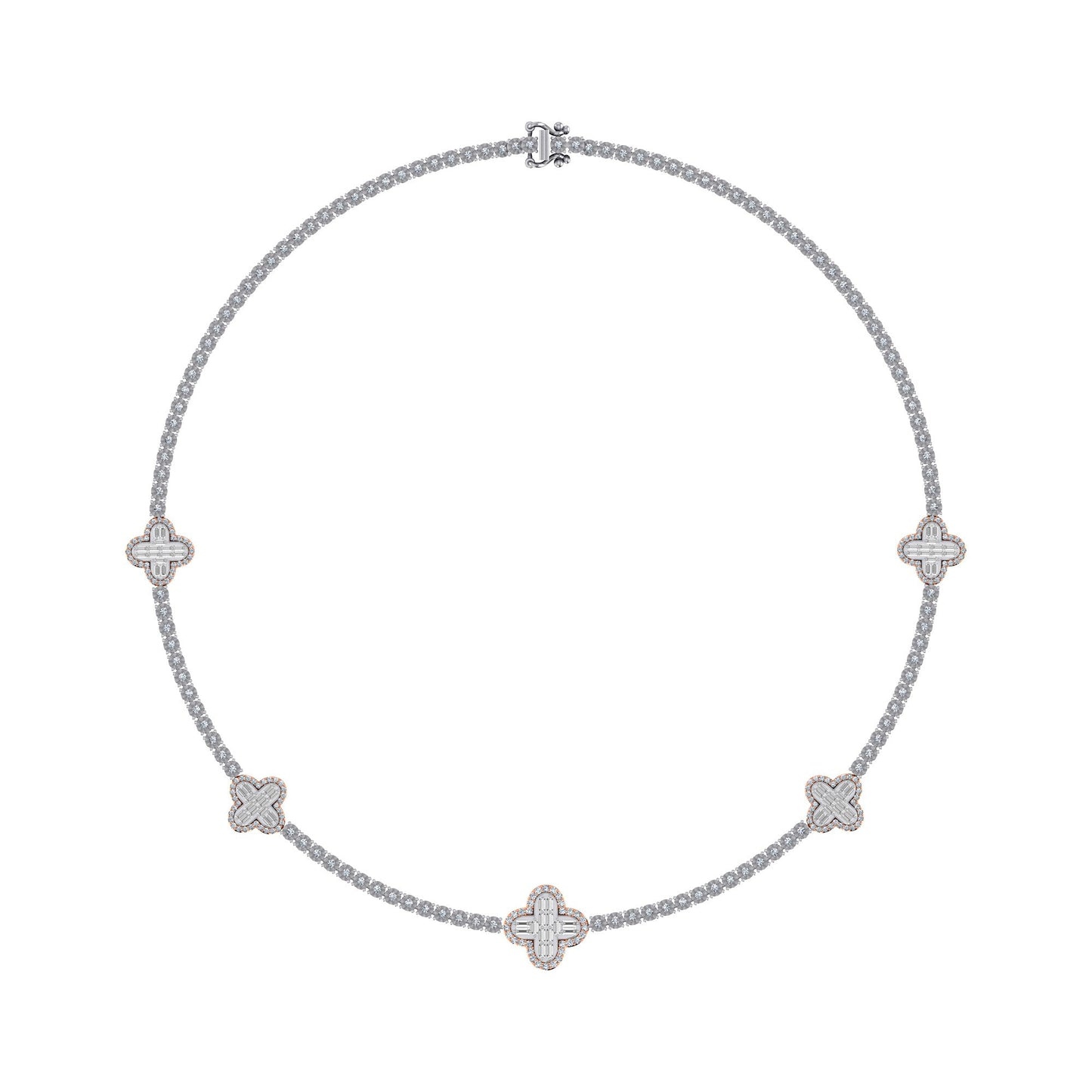 10K Rose White Two Tone Round Baguette Diamond Designer 18 Inch Necklace 2-1/5 Cttw