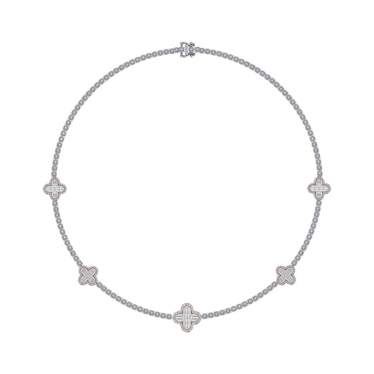 10K Rose White Two Tone Round Baguette Diamond Designer 18 Inch Necklace 2-1/5 Cttw