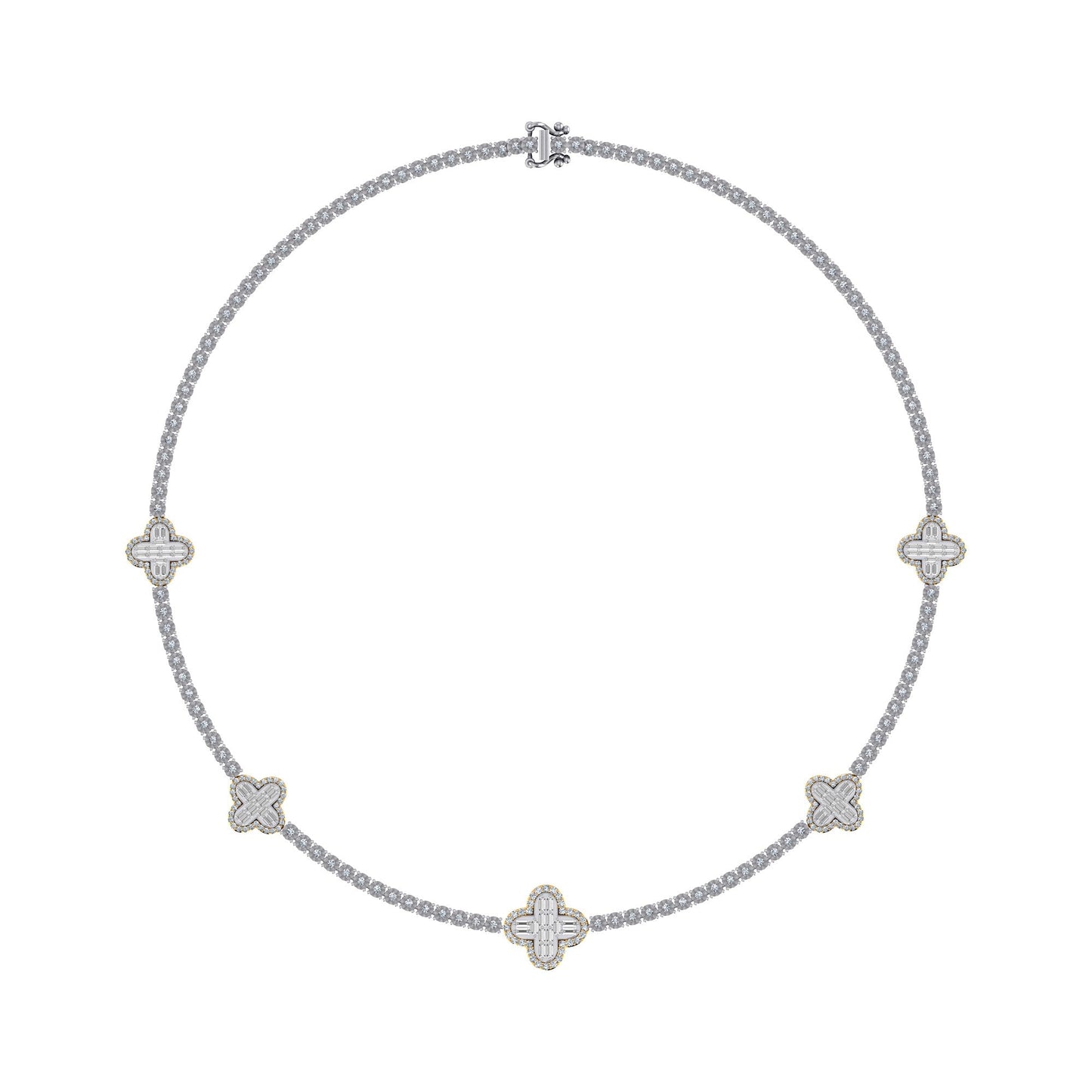 10K Yellow White Two Tone Round Baguette Diamond Designer 18 Inch Necklace 2-1/5 Cttw