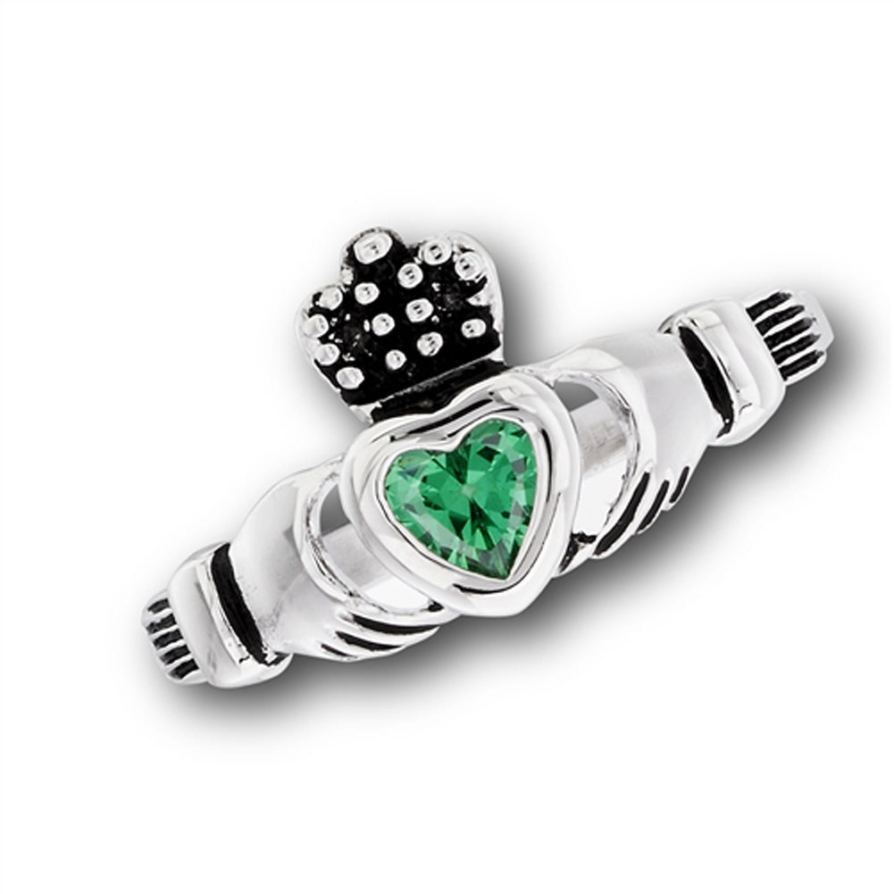 Stainless Steel Claddagh Emerald CZ Heart Ring