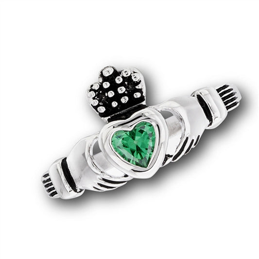 Stainless Steel Claddagh Emerald CZ Heart Ring