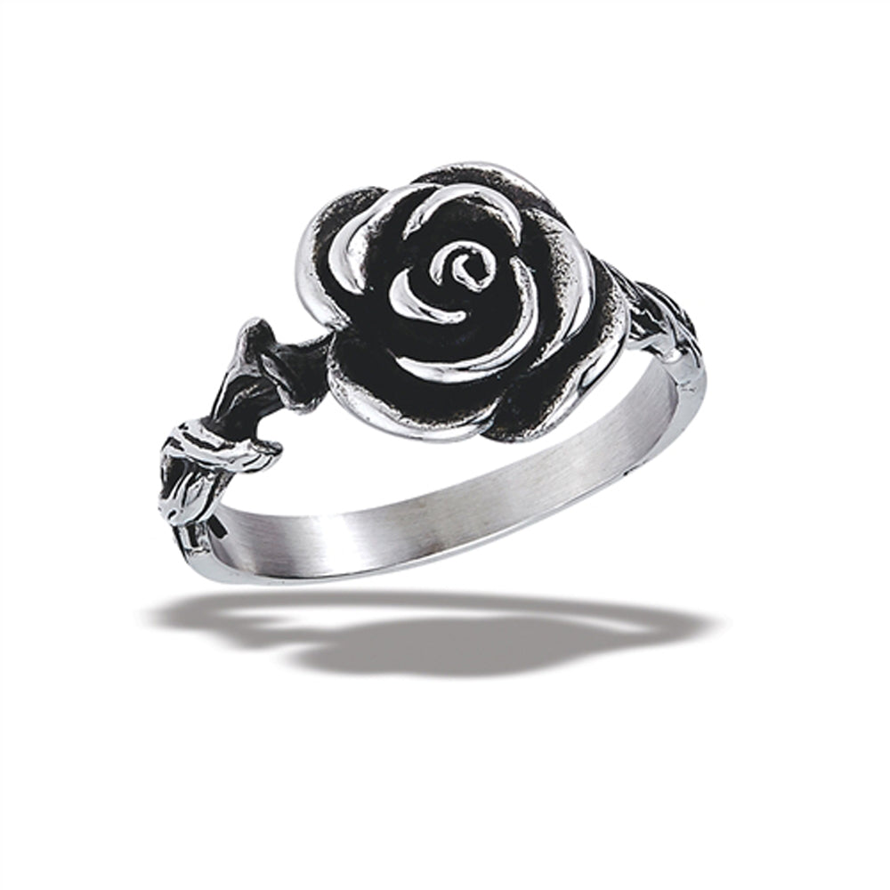 Stainless Steel Rose Ring With Twisted Vine Shank