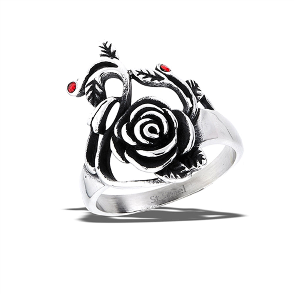Stainless Steel Rose Ring With Two Red CZS