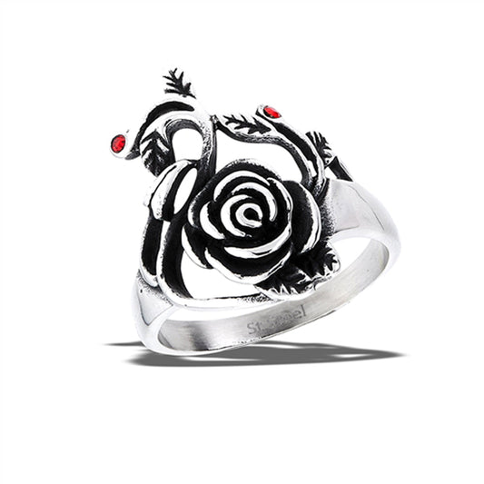 Stainless Steel Rose Ring With Two Red CZS