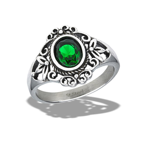 Stainless Steel Ornate Braided Ring With Green CZ