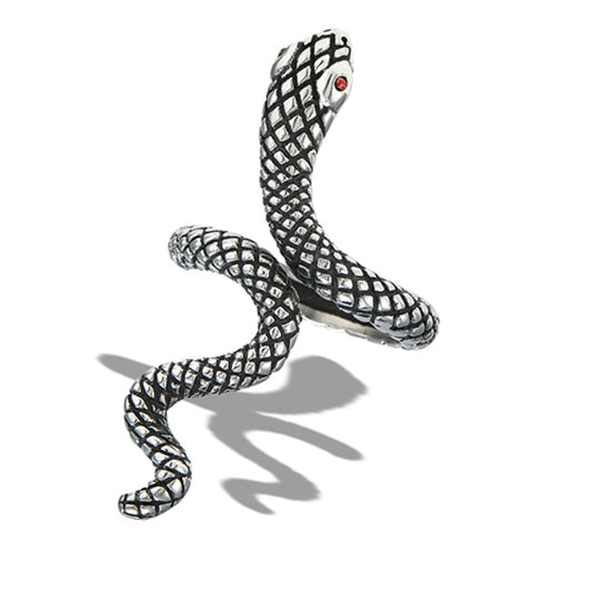Stainless Steel Slithering Snake Ring With Red CZ Eyes