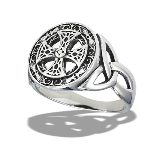 Stainless Steel Intricate Iron Cross And Side Triquetras Ring