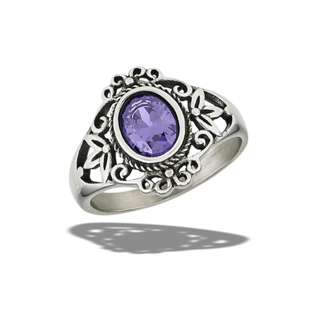 Stainless Steel Ornate Braided Ring With Amethyst CZ