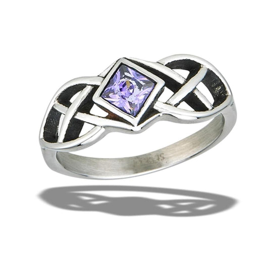 Stainless Steel Celtic Ring With Lavender CZ And Side Triquetras