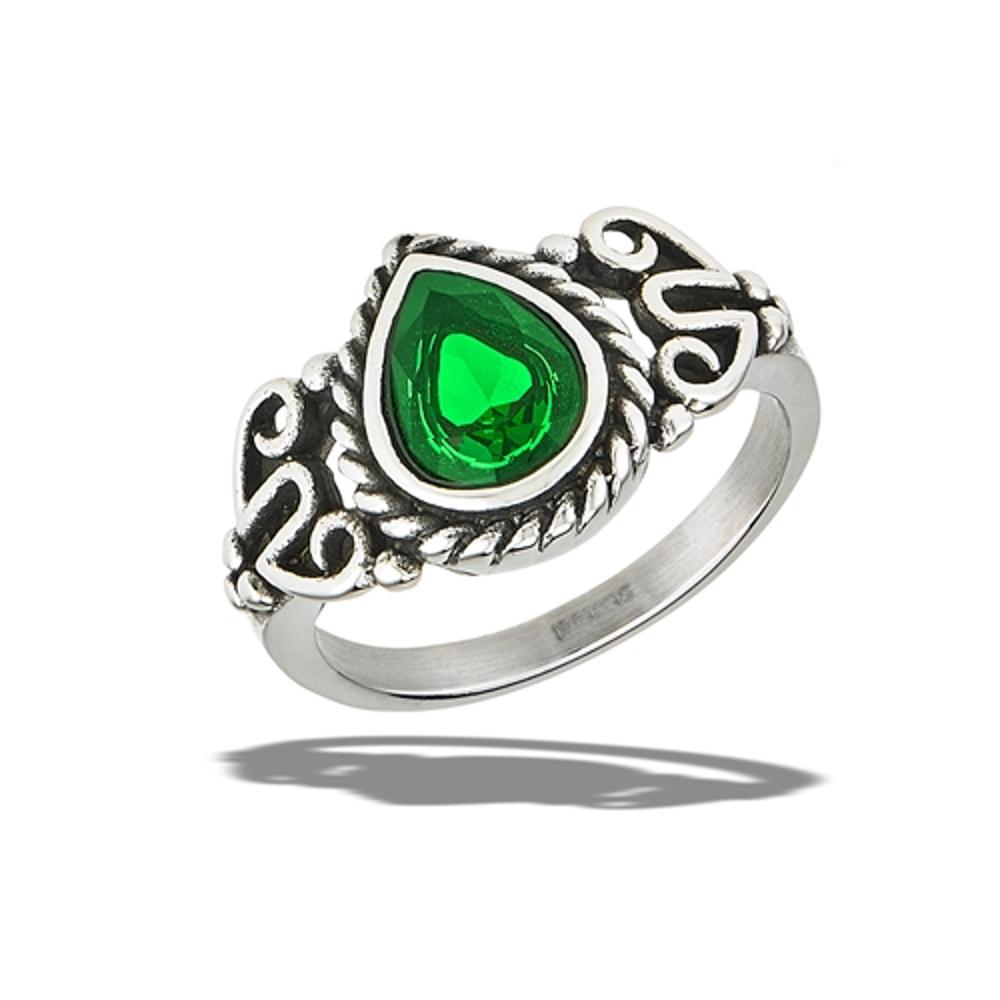 Stainless Steel Bali Style Oxidized Ring With Braiding And Emerald CZ