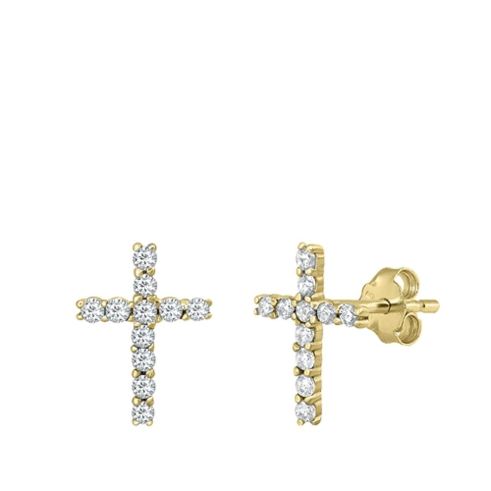 Sterling Silver Beautiful Clear CZ Studded Cross Gold-Tone Christian Earrings