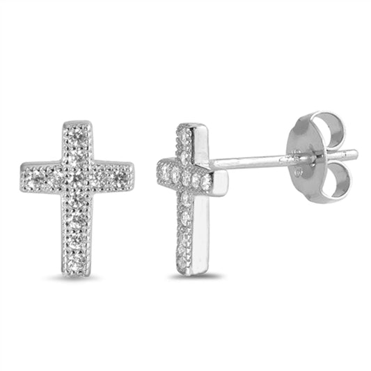 Sterling Silver Studded Cross Elegant Traditional Christian Earrings Clear CZ