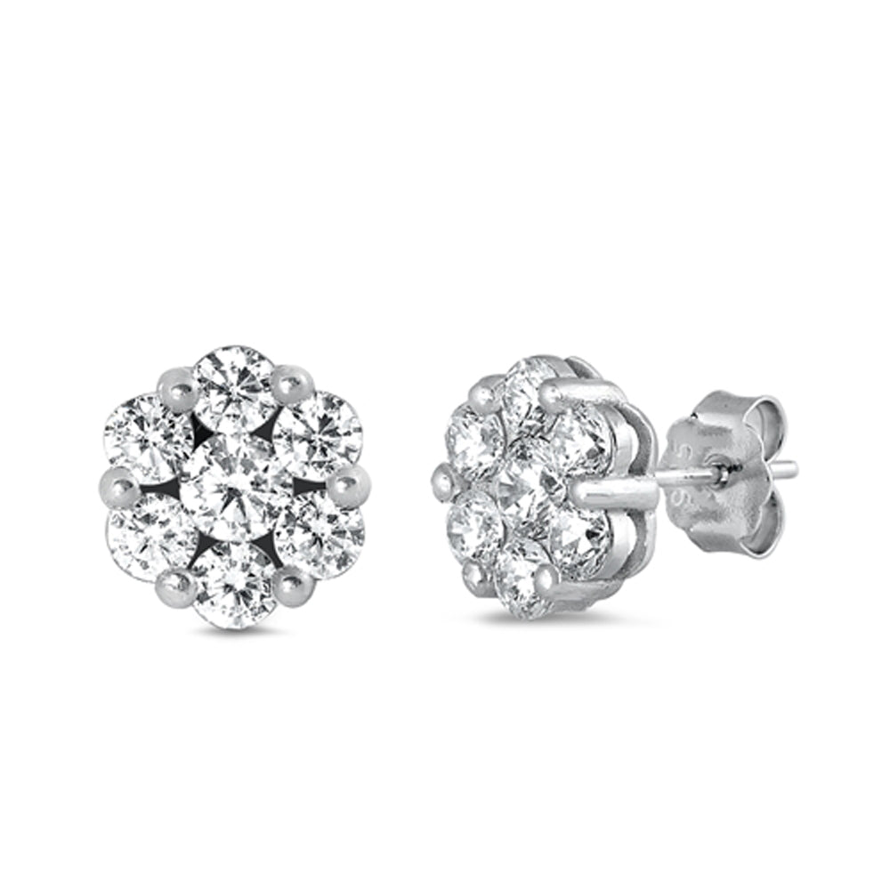 Sterling Silver Studded Flower Modern Elegant Classic Earrings Clear CZ 925 New