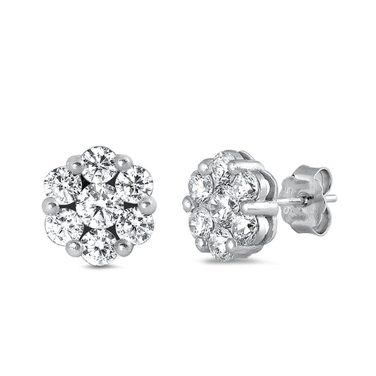 Sterling Silver Studded Flower Modern Elegant Classic Earrings Clear CZ 925 New