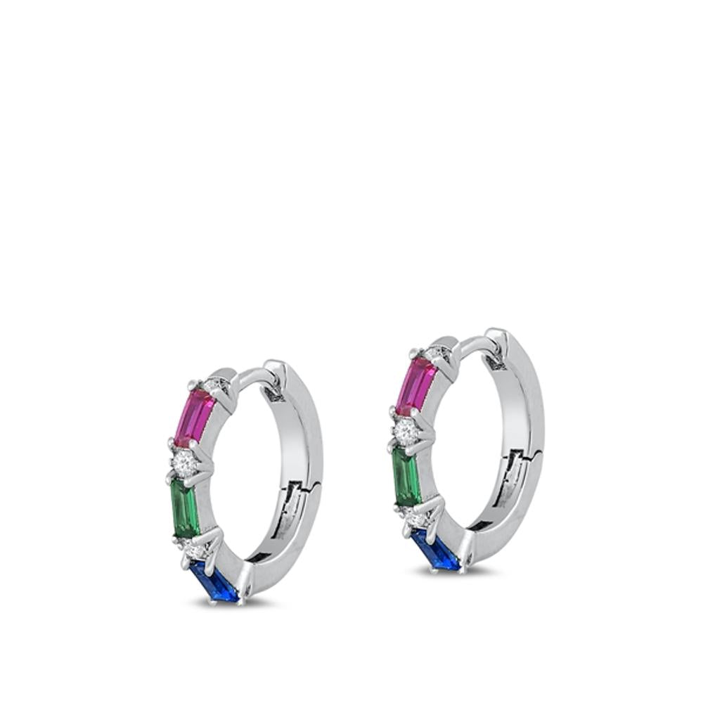 Sterling Silver Classic Multicolor CZ Rainbow Hoop High Polished Earrings 925